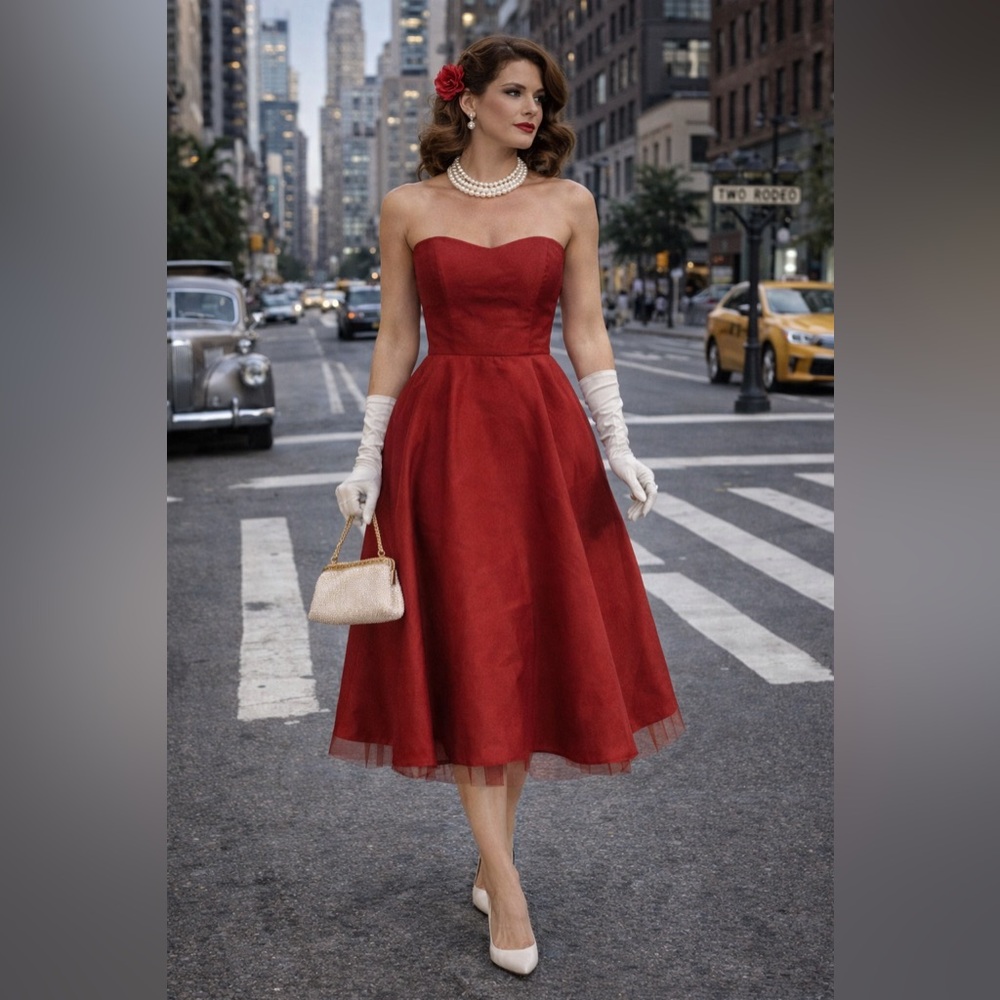 Vintage Fred Sun Strapless Red Cocktail Dress Classic Elegance